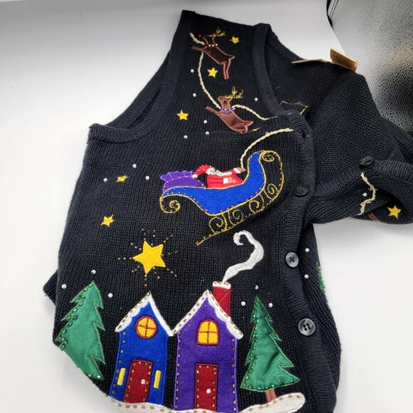 Vintage ugly Christmas Sweater Vest With Santa Sleigh & Reindeer Embroidery Blac - Picture 5 of 12